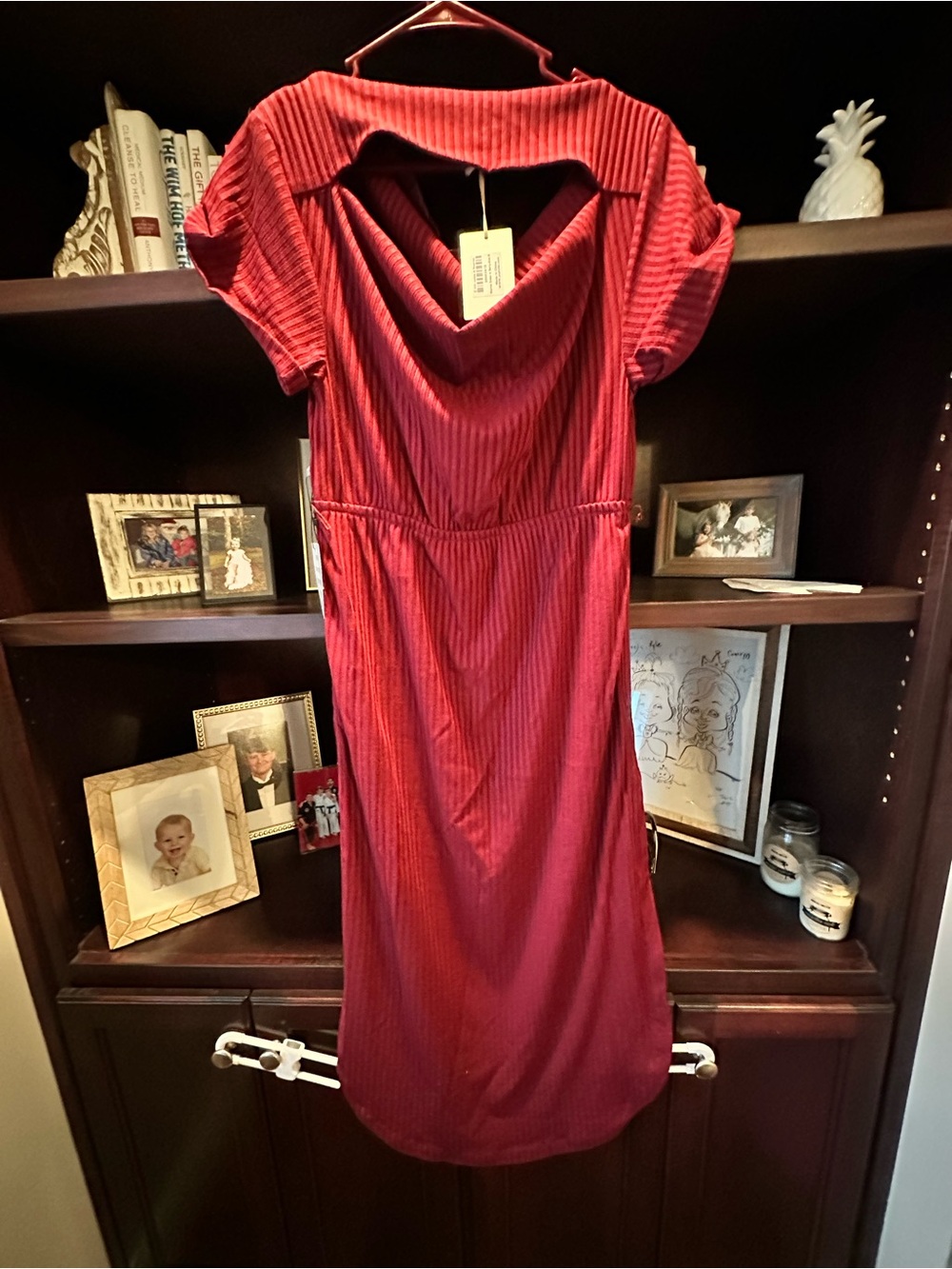 Joyfolie Burgundy Ribbed Backless Cowl Neck Dress